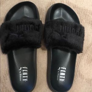Fenty by Rihanna black faux fur slides
